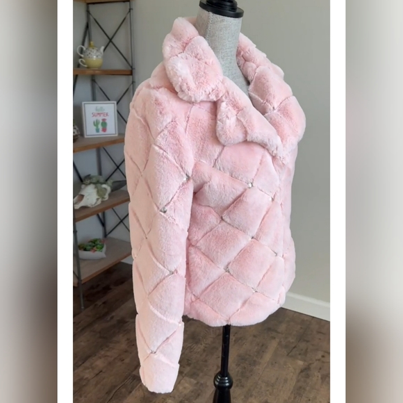 NYCO Pink Faux Fur Coat Quilted Embellished Jacket Barbie Bling Medium - Picture 8 of 14